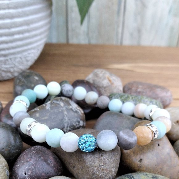 Jewelry - Matte Amazonite and Rhinestone Ball Beaded Stretch Bracelet